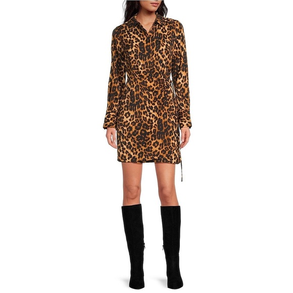 Long Sleeve Leopard Mini Shirt Dress - Picture 1 of 6